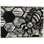 Biene auf Waben, Linoldruck auf Papier, 18 × 26 cm
